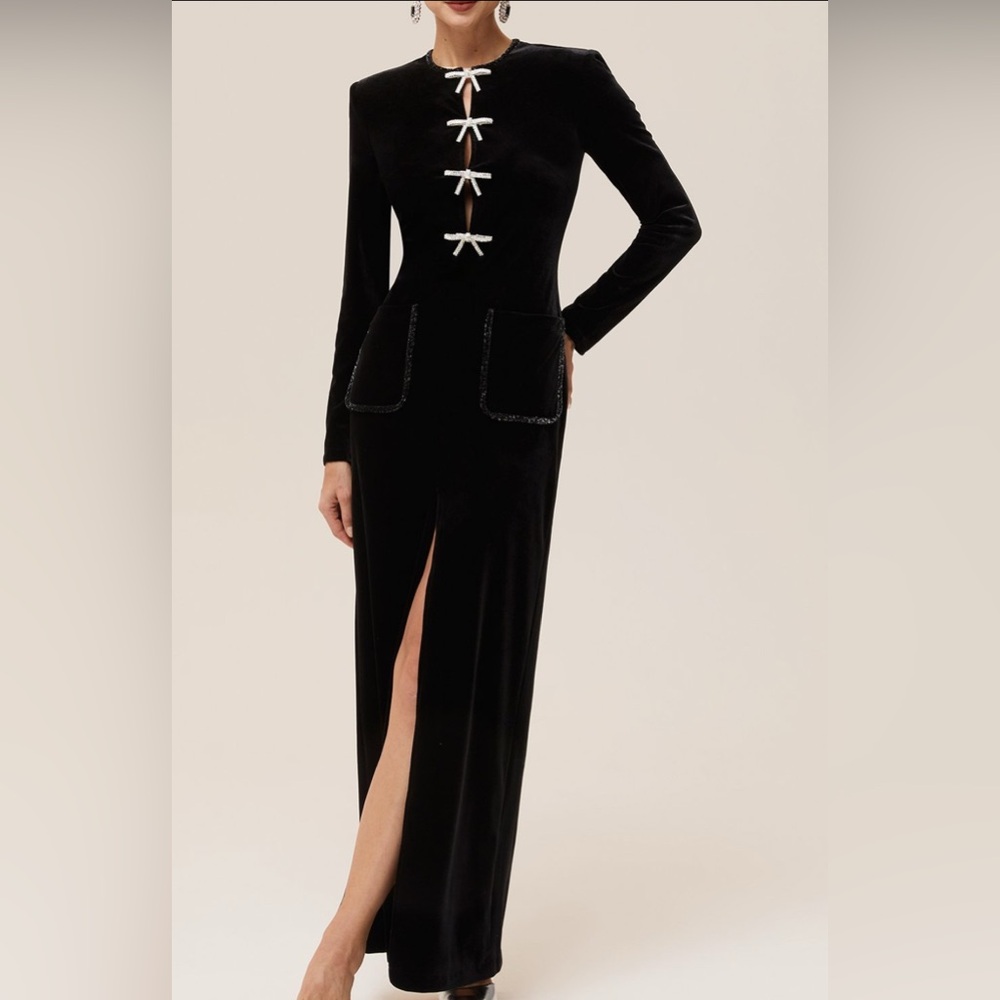 Fehaute Black Velvet Rhinestone Bow Crew Neck Long Sleeve Sheath Slit Maxi Dress